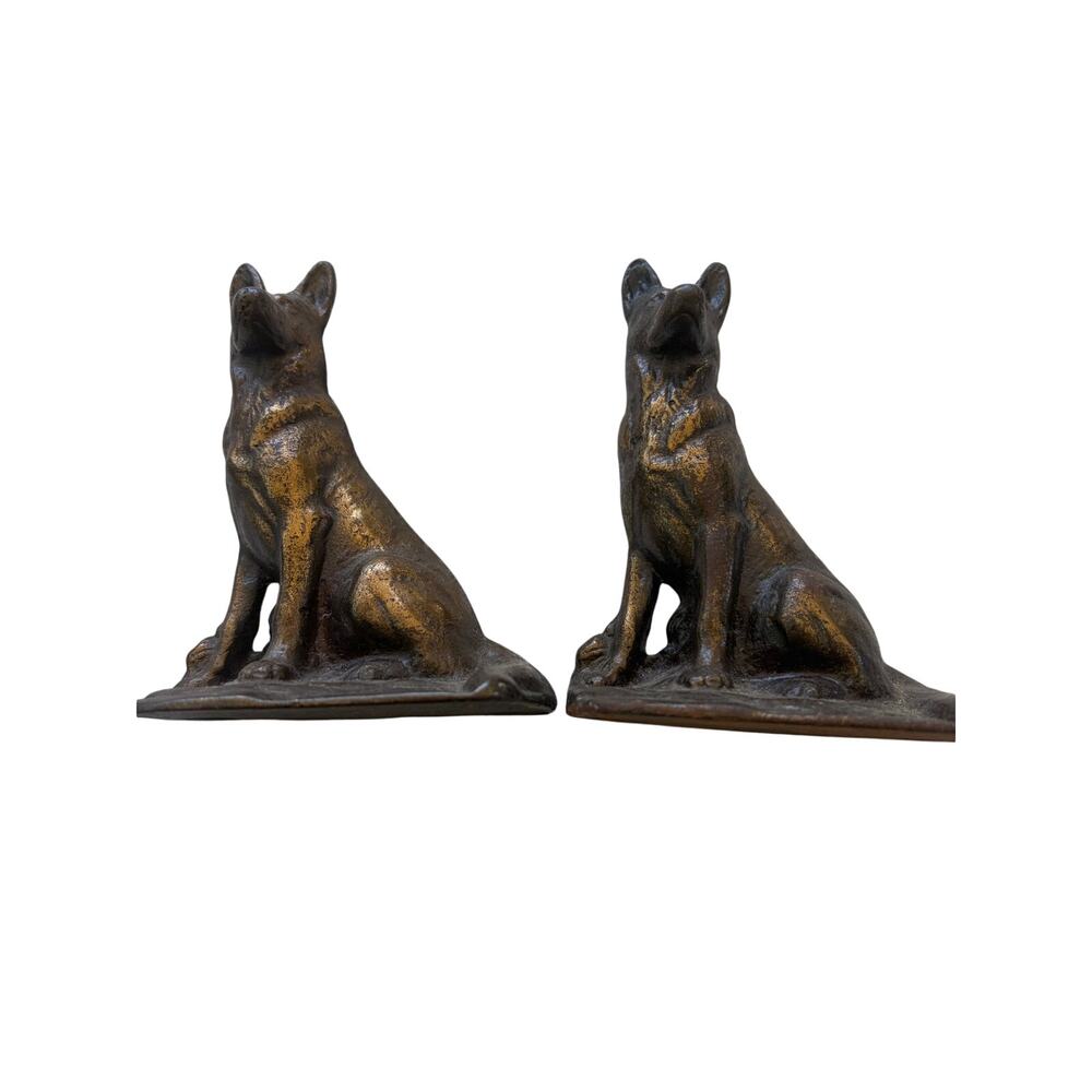 Pair antique cast spelter bronzed German Shepherd Dog Bookends